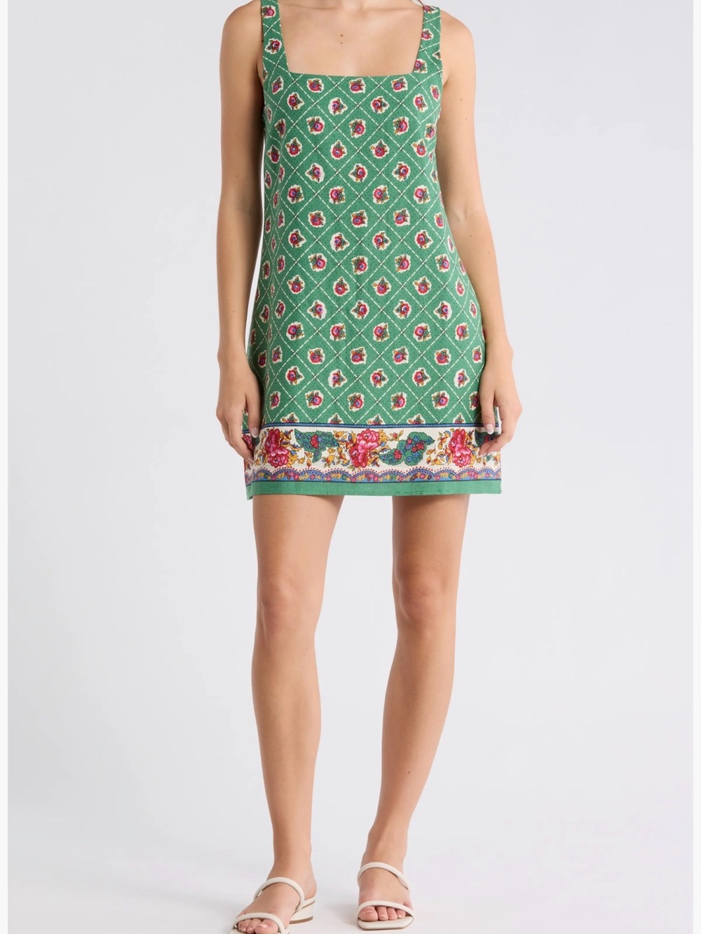 Wayf Floral Sleeveless Linen Blend Minidress Green Floral Border Shift Dress